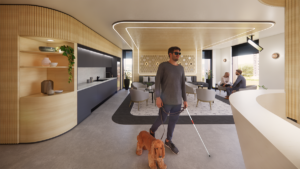 An artist's impression of the new clinical trials centre, illustrating people lingering in a bright, modern waiting room.