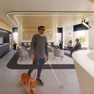 An artist's impression of the new clinical trials centre, illustrating people lingering in a bright, modern waiting room.