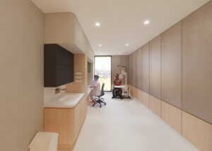 An artist's impression of a new vision lane. A doctor is sitting with a patient at the end of a long narrow, modern room, operating a piece of equipment.